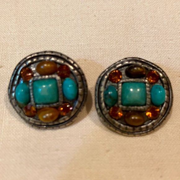Antique clip earrings with several types of unique stones. Oblong/ square/ Cryst - Picture 1 of 5